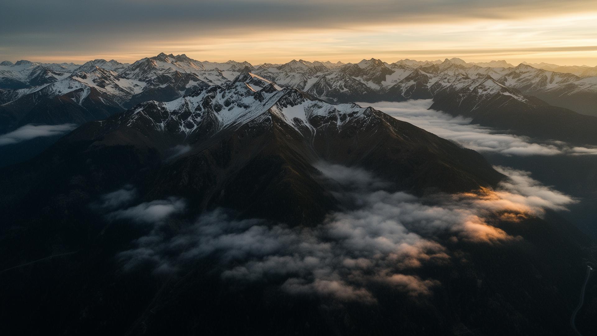 Aerial drone view of the Pyrenees mountains in Andorra at dawn